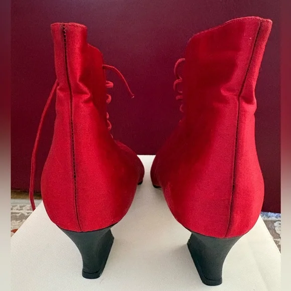 Vintage Yves Saint Laurent Red Satin Lace-Up Ankle BootsItalyBlock Heel